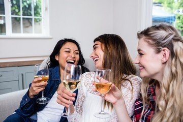 Cheerful female friends drinking wine