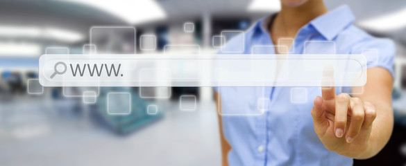Woman surfing on internet with digital tactile web address bar
