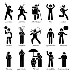 Positive Good Personalities Character Traits. Stick Figures Man Icons. Starting with the Alphabet A.