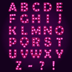 Neon light letters Alphabet ABC, vector font illustrations, Lightbulb