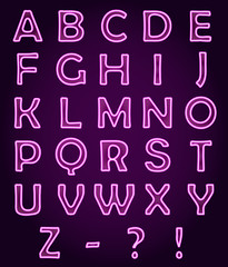 Neon light letters Alphabet ABC, vector font illustrations.