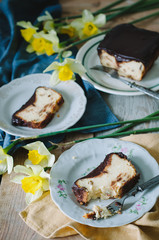 Cottage cheese casserole with with raisins and chocolate icing