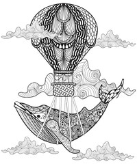 Ręcznie rysowane wektor Wieloryb latający z artystycznym balonem w clou - 109767250