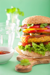 veggie chickpea and sweetcorn burger with pepper jalapeno onion