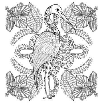 Zentangle Hand drawn Stork in Hibiskus for adult antistress colo