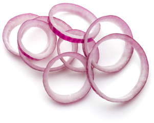 Sliced red onion rings isolated on white background cutout