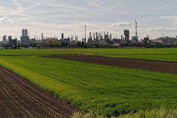 Chemical production plants in Ludwigshafen as seen from Mannheim in Germany.