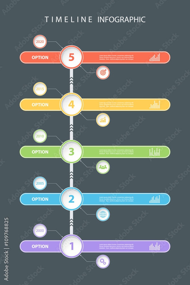 Poster Color timeline infographic design template with diagrams and icons. Vector illustration for workflow layout, diagram, number options, presentation and web design.