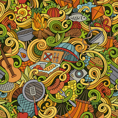 Cartoon hand-drawn picnic doodles seamless pattern