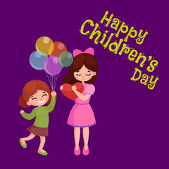 Vector illustration kids playing, greeting card happy childrens day background