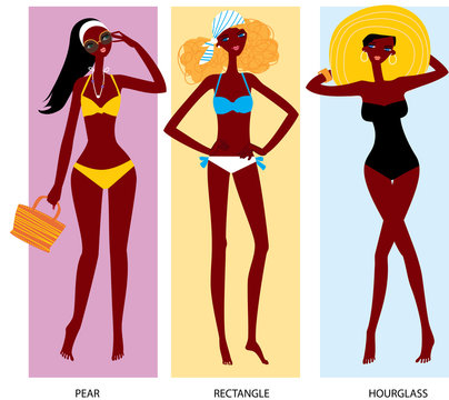 Black women in swimming suits. Black woman body types. Woman body shapes. Triangle, rectangle and hourglass body types.