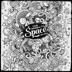 Cartoon hand-drawn doodles Space illustration. Line art detailed