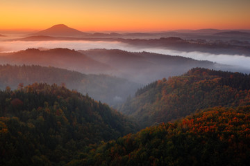 Cold misty foggy morning with sunrise in a fall valley of Bohemian Switzerland park. Hills with fog, landscape of Czech Republic, beautiful national park Ceske Svycarsko