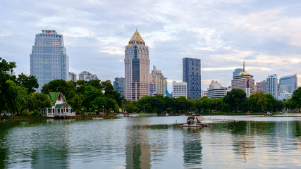 Twilight cityscape, office buildings and apartments in Thailand