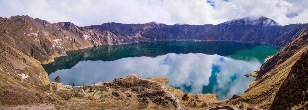 Crater lake with reflections panorama in Quilotoa, Ecuador