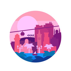 Quality painted flat colors and the city o palm trees by sea Vector illustration