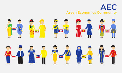 Asean Economics Community (AEC). Set of 20 asian men and women i