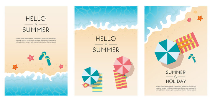 Set of summer travel fliers with beach items and wave. Vector illustration