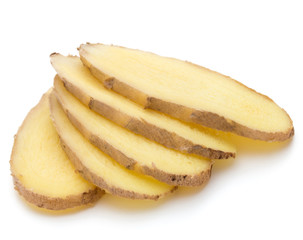 Fresh liced ginger root  or rhizome isolated on white background