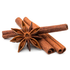 cinnamon stick and star anise spice isolated on white background