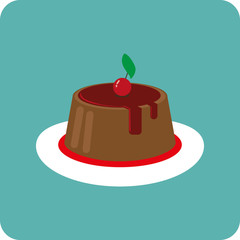 Candy card with a big chocolate cream cake, a red cherry with green leaf on top, over a green background. Digital vector image.