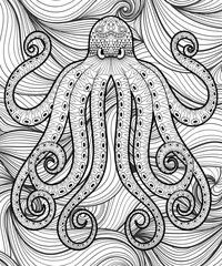 Vector zentangle octopus in sea, print for adult coloring page A