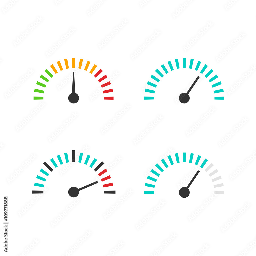 Poster speedometer icon set vector illustration, speed control measure element with scale, pressure indicat