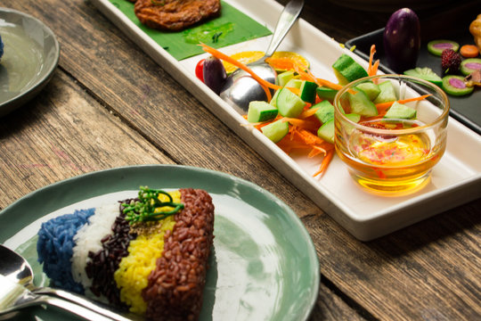 colourful rice with decorative fusion food, healthy food