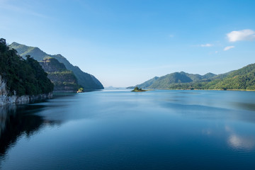 Dam blue color mountain range fresh, wachirarongkorn, khao laem, kanchanaburi