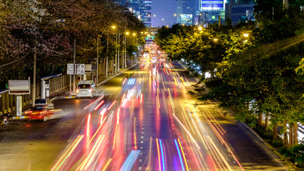 Bangkok cityscape of light trails with blurred colors