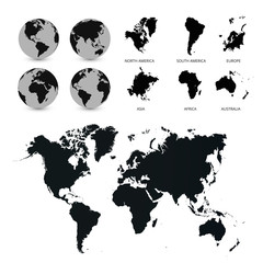 World Map with Globes detailed editable. Vector illustration.