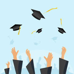 Graduating students cap vector of pupil hands in gown throwing graduation hat in the air, flying academic, throw mortar boards in the sky flat cartoon illustration design isolated on blue background