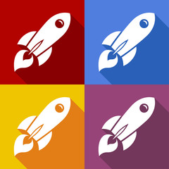 Icono plano cohete espacial con sombra en varios colores © teracreonte