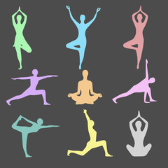 Yoga Positions. Silhouettes icons set. Vector illustration	