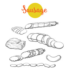 Set sausages, vector sketch hand-drawn salami, Meat products isolated on white background, Ready sausage, salami, bacon, sausages, bacon, meat organic farming, ready meals, sliced sirvelat