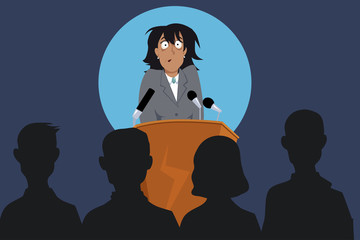 Terrified female speaker on a stage in front of the audience, EPS 8 vector illustration, no transparencies