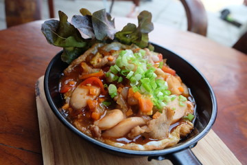 Indochina fried pan egg on table
