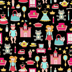 Vector seamless pattern with hand drawn colored toys for girls on black color