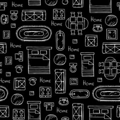 Vector seamless pattern with hand drawn isolated furniture on black color