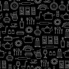 Vector seamless pattern with hand drawn isolated kitchen utensils on black color