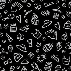 Vector seamless pattern with hand drawn romantic symbols on black color