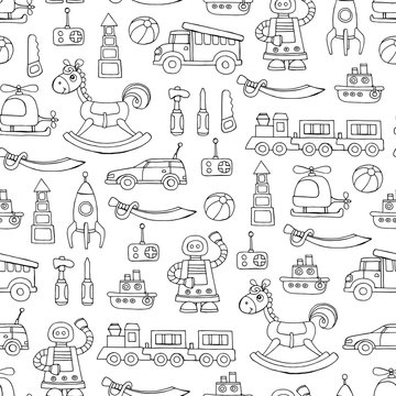 Vector seamless pattern with hand drawn toys for boys on white color