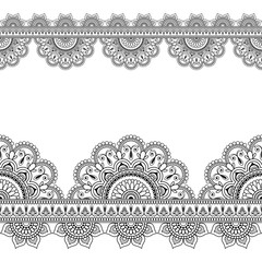 Seamless Indian Mehndi Pattern with floral border elements for card and tattoo on white background.