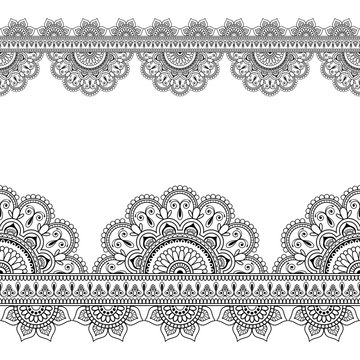 Seamless Indian Mehndi Pattern with floral border elements for card and tattoo on white background.