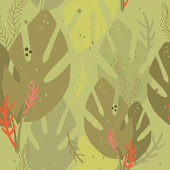 Hand drawn Tropical Palm tree leaves Colorful seamless background pattern