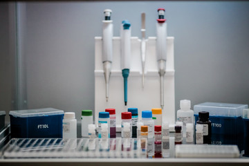 Set for the study (table with instruments, pipettes and samples)
