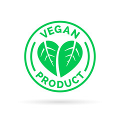 Vegan product icon design. Vegan product symbol. Vegan product stamp with leaves in heart shape design. Vector illustration.