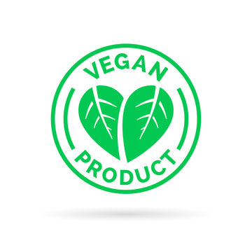 Vegan product icon design. Vegan product symbol. Vegan product stamp with leaves in heart shape design. Vector illustration.