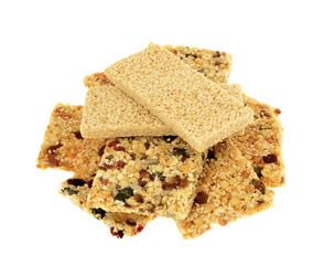 Sesame seed , and nut energy bar, white background.