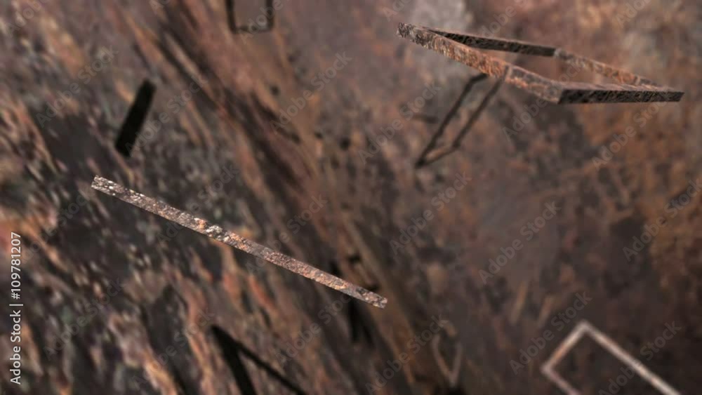 Poster seamless looping animation of 3d rusty rectangles